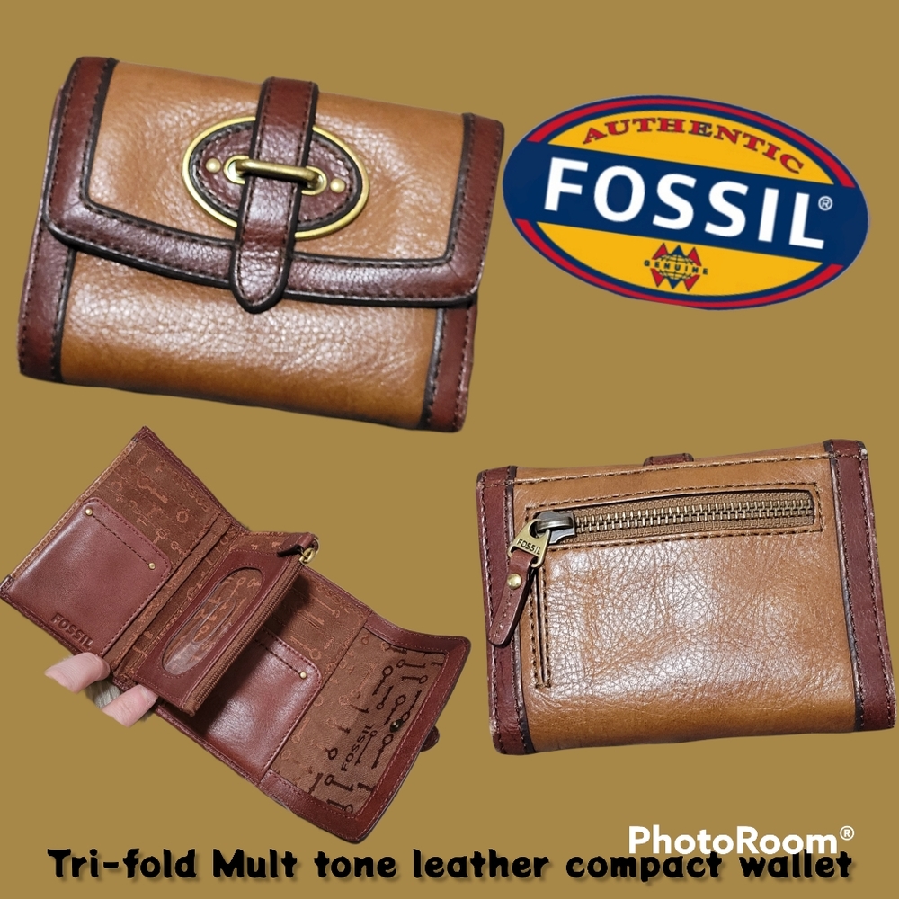 Fossil Retro 2 tone Chestnut & mahogany brown leather tri- fold wallet mult card